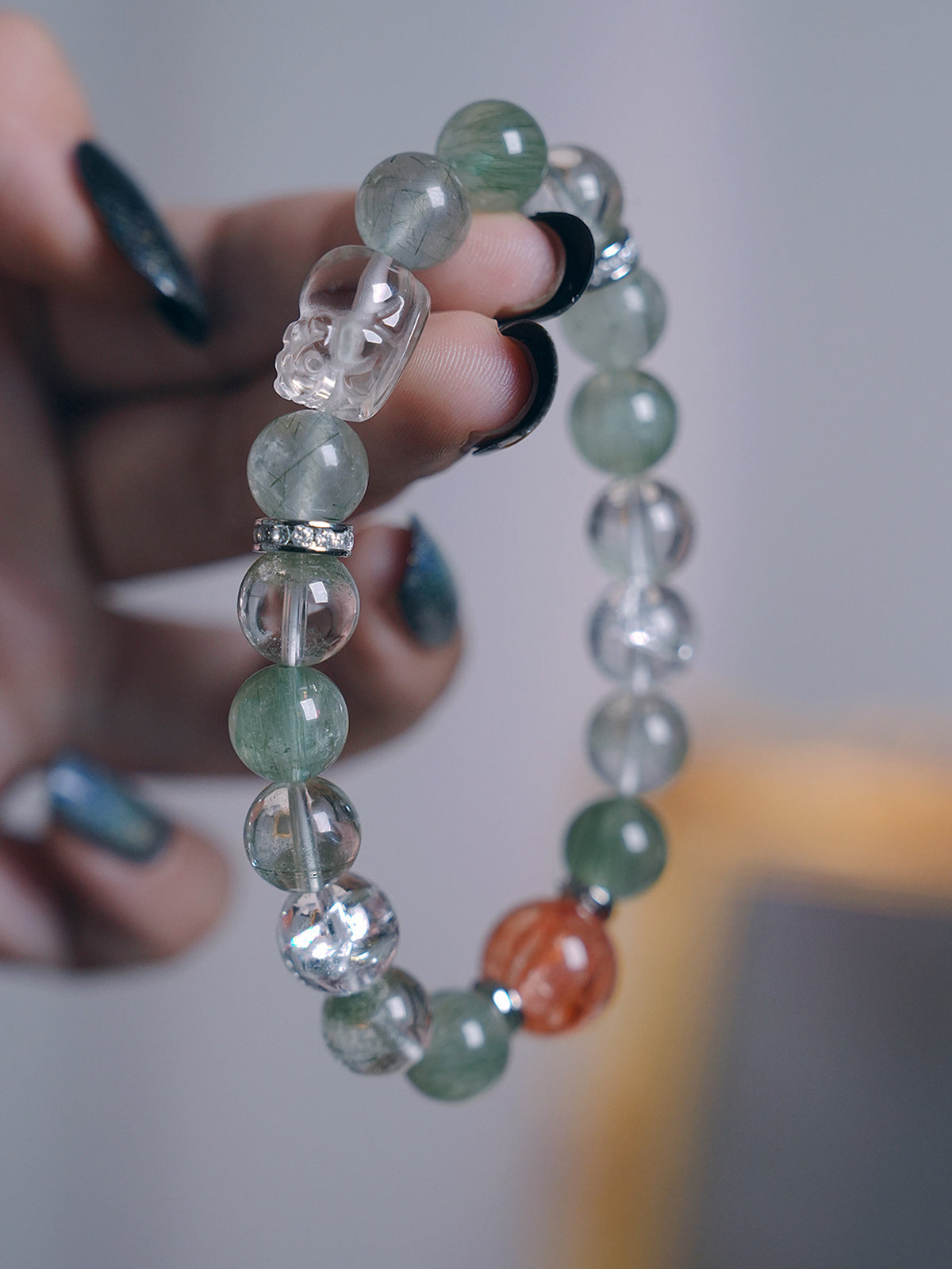 Money Bloom, Green Rutilated & Phantom Pixiu Bracelet, Attract Wealth
