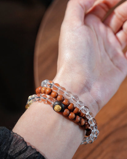 Orange Latte, Multi-wrap Sandalwood & Clear Quartz Bracelet, Calm Your Mind